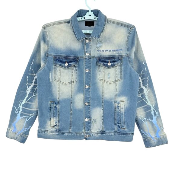 Mackeen Mens Venice Rhinestones Blue Denim Jacket Sz XXL Distressed Thunder NWOT - Picture 2 of 11